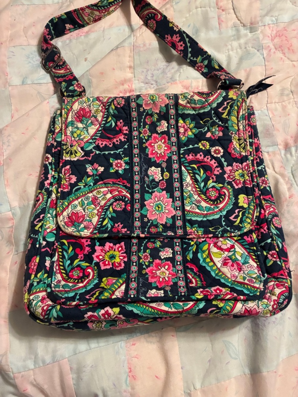 Vera Bradley Navy Quilted Paisley Crossbody with Pink & Green Accents